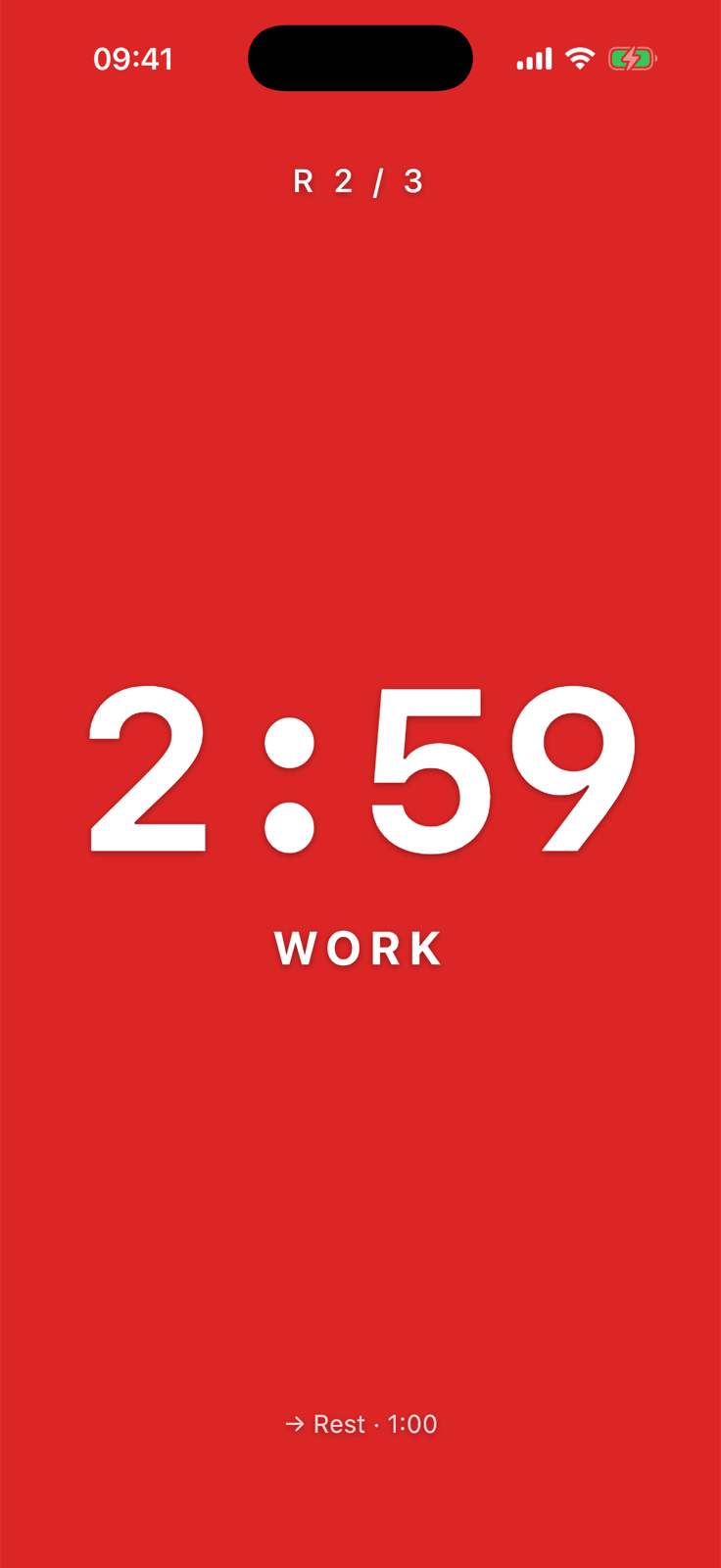 Timer screen during a WORK round (red)
